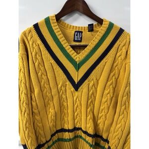 Vintage Gap V-Neck Cable Knit Sweatshirt Yellow Women's XL 90s Preppy Utility